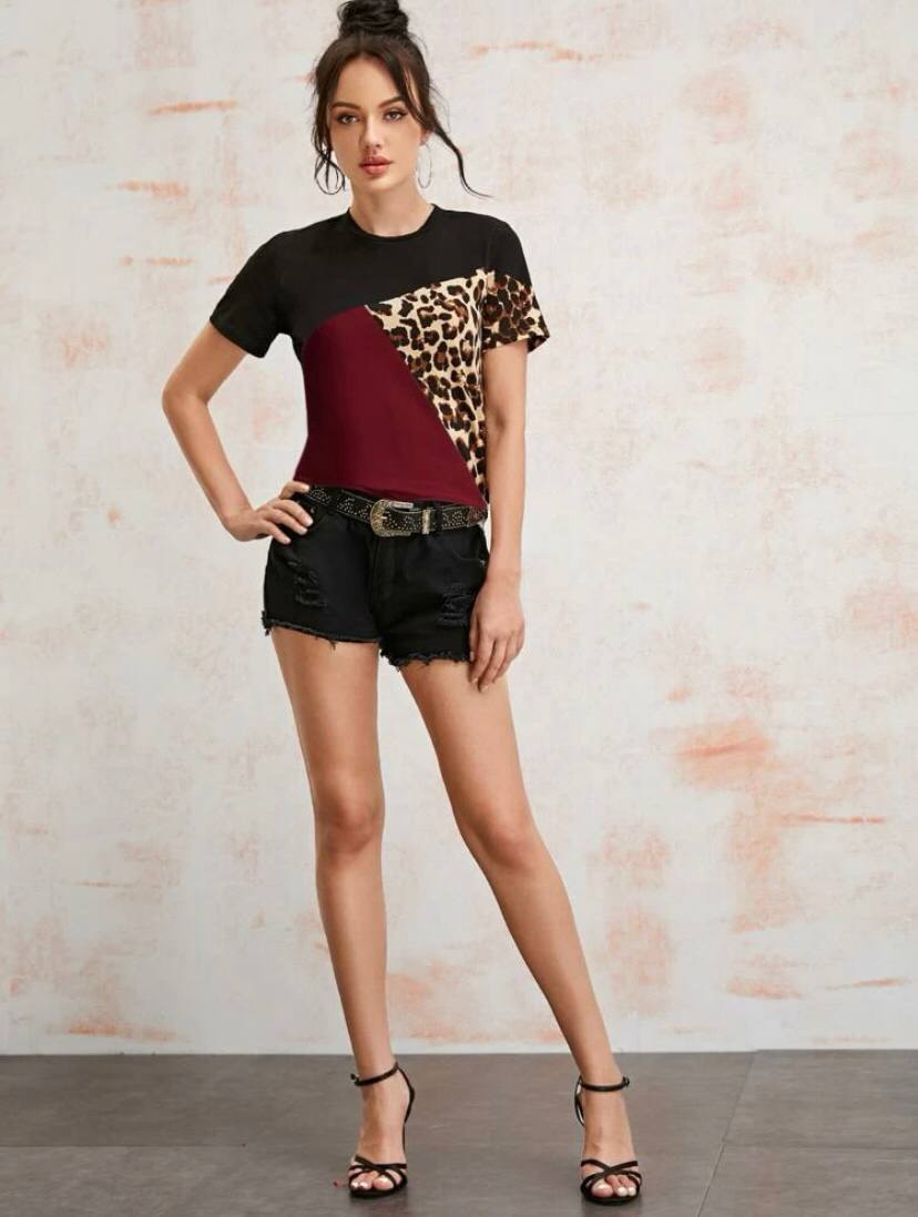 Color Block Burgundy Leopard T-Shirt