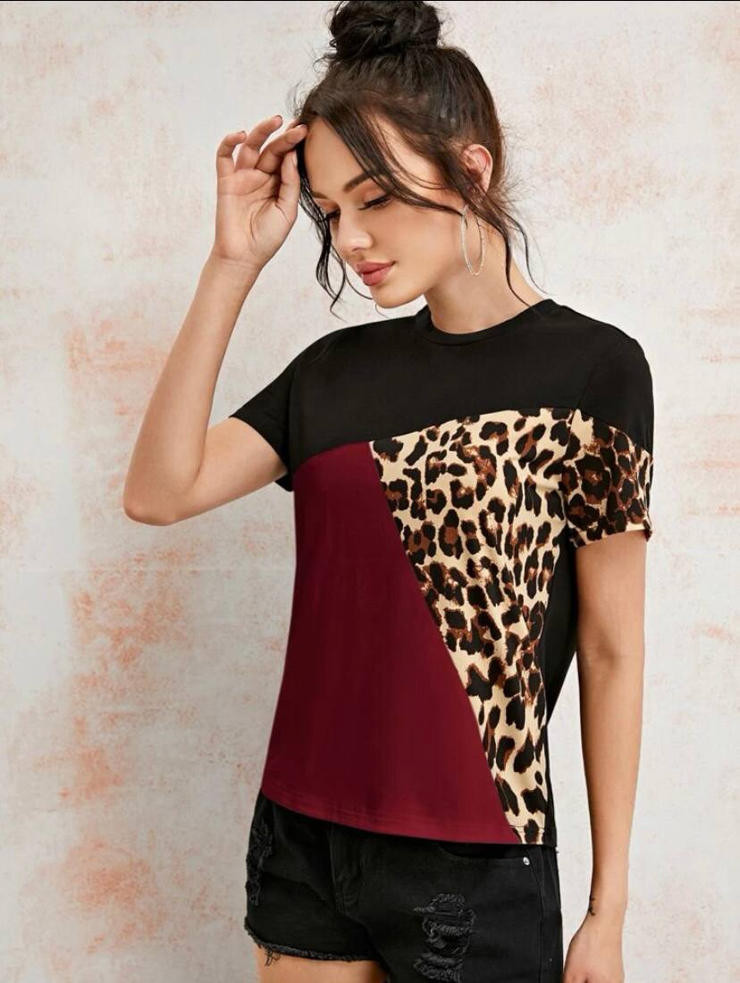 Color Block Burgundy Leopard T-Shirt