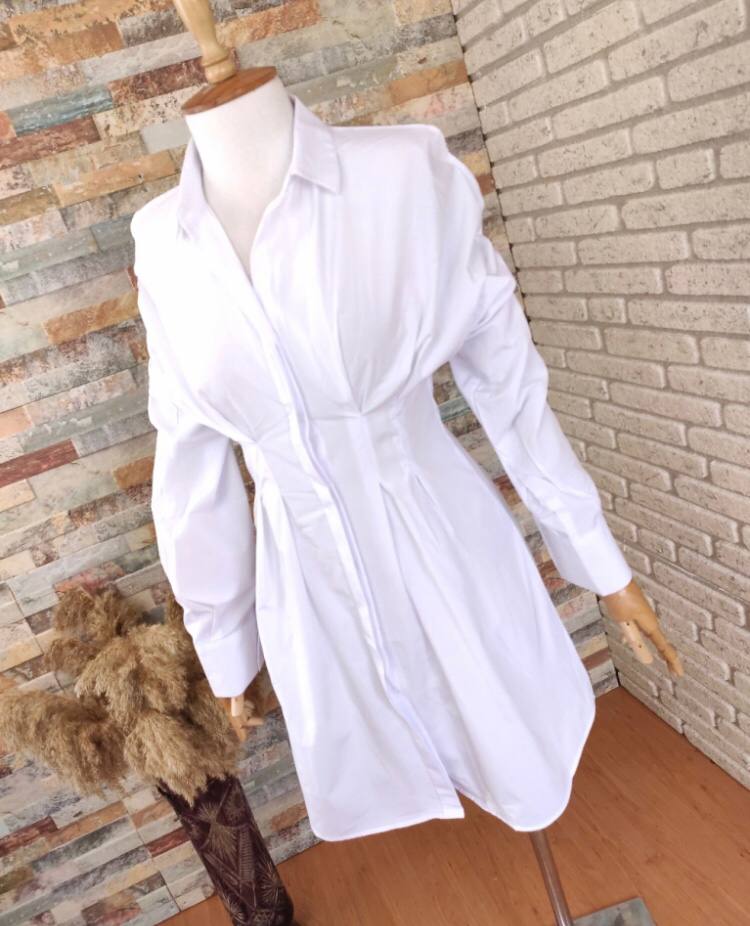 Button-Up Shirt Pleated Waist Mini Women Dress