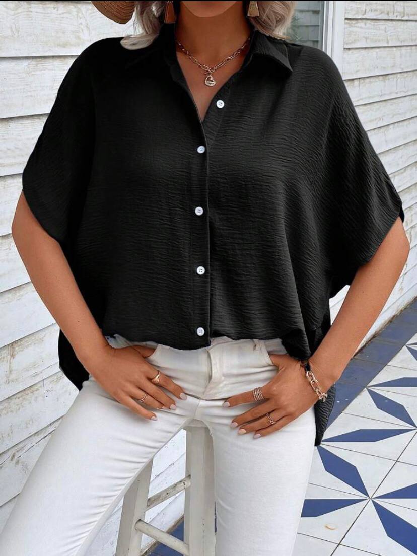 Batwing Short Sleeve Oversized Button Down Shirts