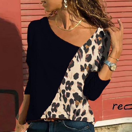 Leopard Color Block Blouse Tops