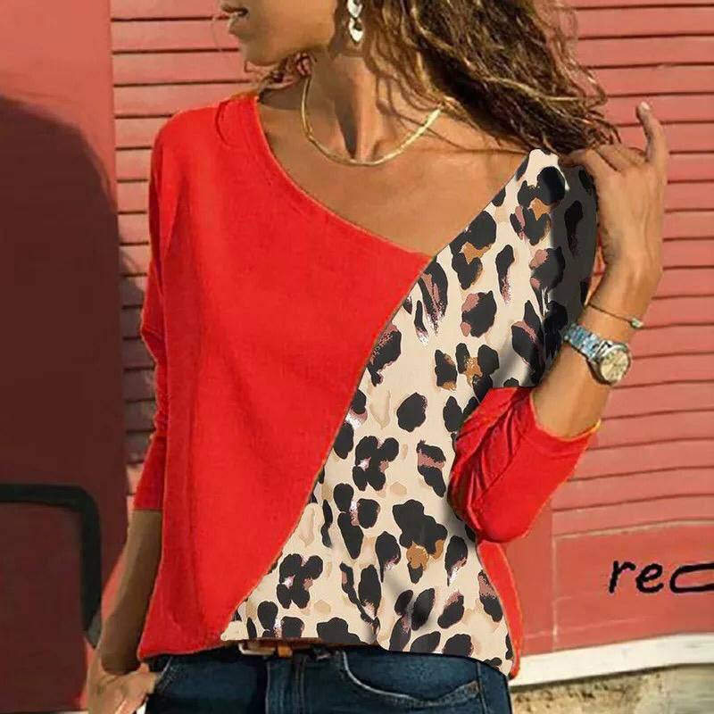 Leopard Color Block Blouse Tops