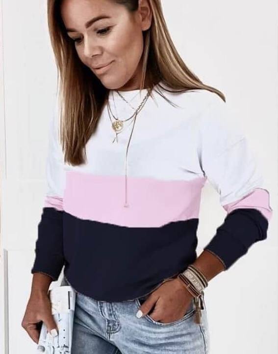 Colorblock Cotton Blend Long Sleeve Basic Top Blouse