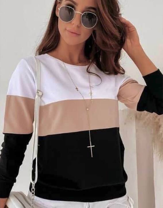 Colorblock Cotton Blend Long Sleeve Basic Top Blouse