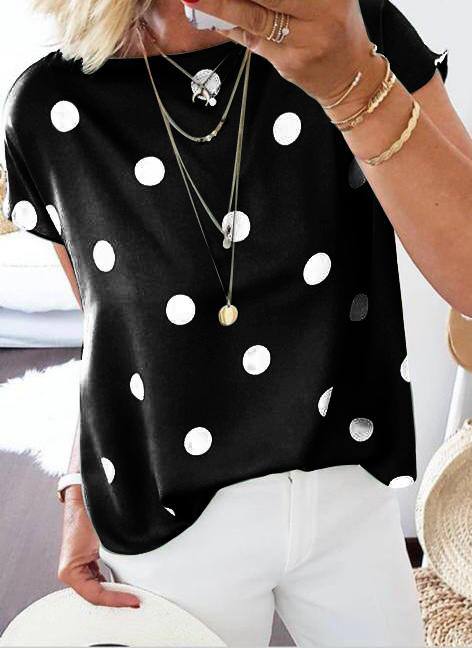 Short Sleeve Solid Polka Dot Blouse Tops