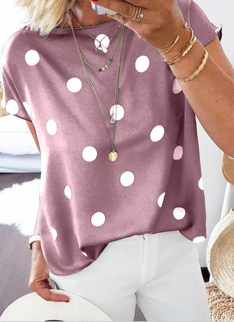 Short Sleeve Solid Polka Dot Blouse Tops