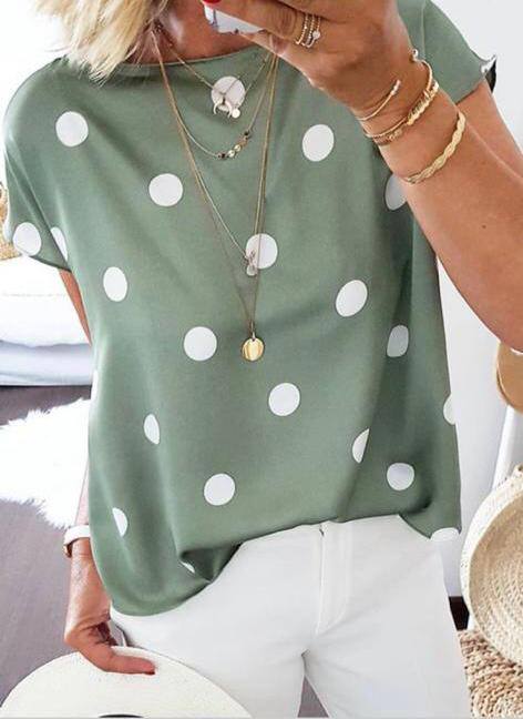 Short Sleeve Solid Polka Dot Blouse Tops