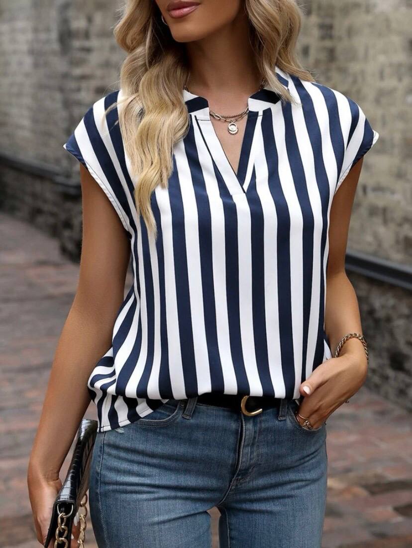 Batwing Sleeve V Neck Stripe Top Blouse