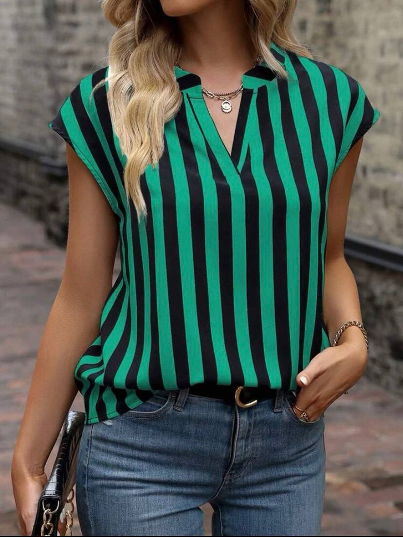 Batwing Sleeve V Neck Stripe Top Blouse