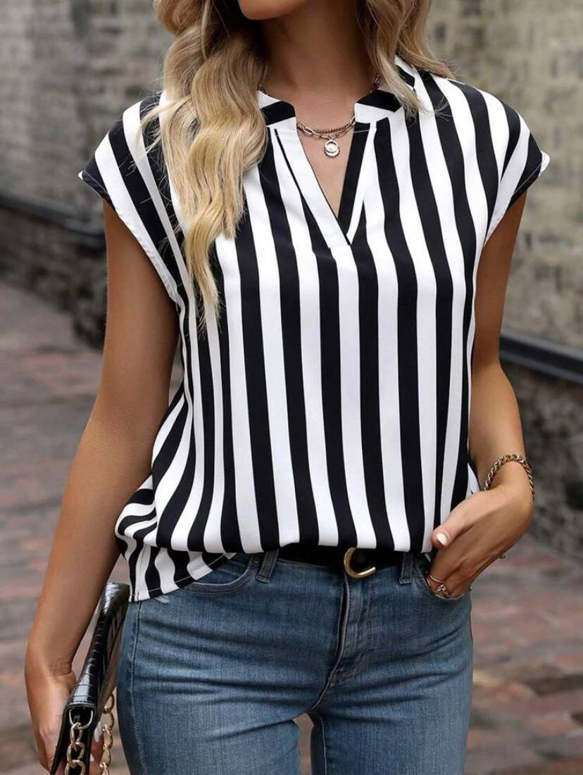 Batwing Sleeve V Neck Stripe Top Blouse