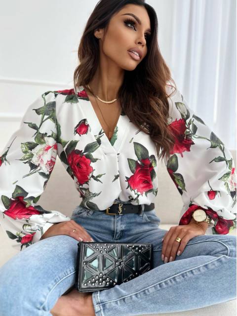 Gigot Puffy Long Sleeve V Neck Shirt Blouse