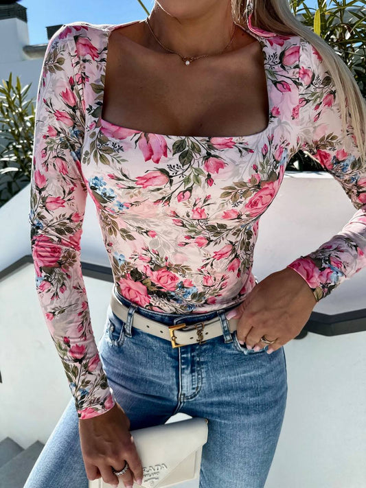 Square Neck Flower Top Shirt Long Sleeve Blouse