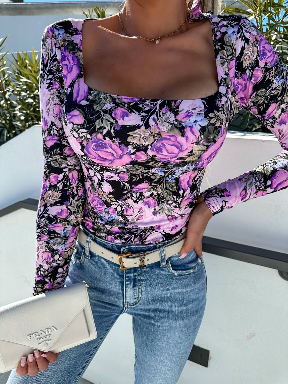 Square Neck Flower Top Shirt Long Sleeve Blouse