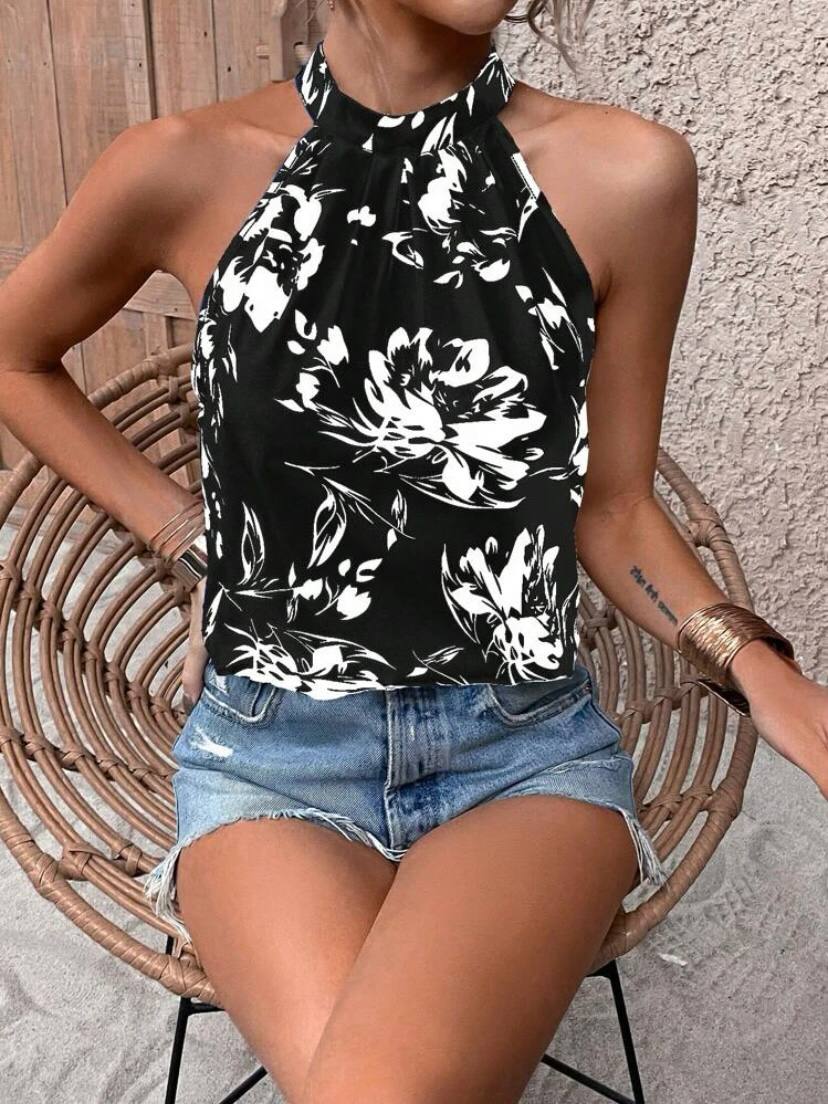 Keyhole Back Halter Top, Floral Tieneck Tops