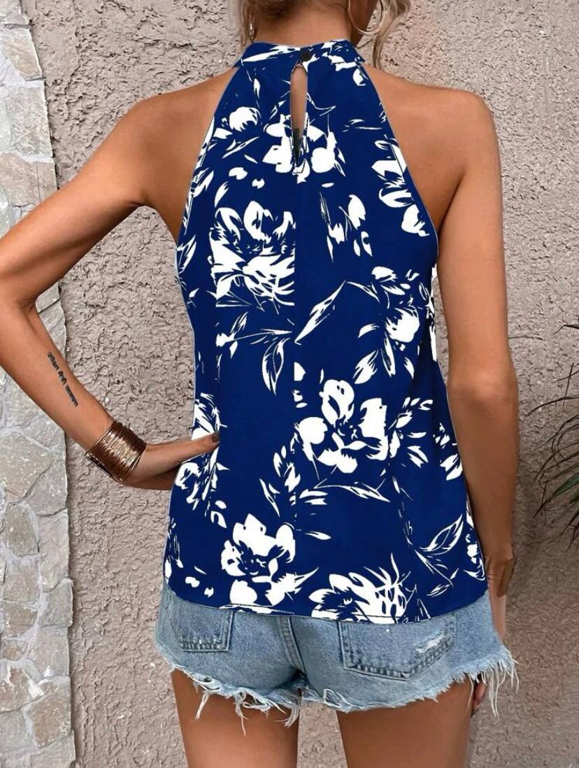 Keyhole Back Halter Top, Floral Tieneck Tops