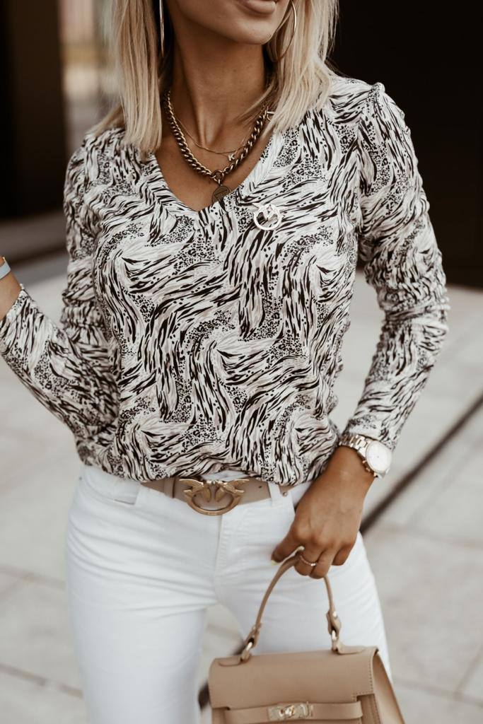 Cotton Blend Printed V Neck Blouse