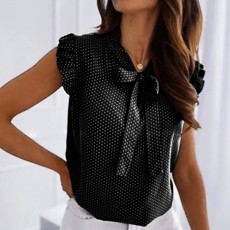 Sleeveless Ruffle Bow Tie Neck Shirts