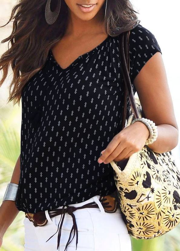 Short Sleeve Tassel Tie Accent Blouse