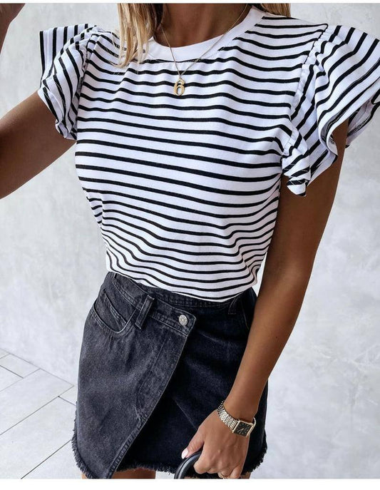 Ruffle Short Sleeve Stripe Shirts Blouse