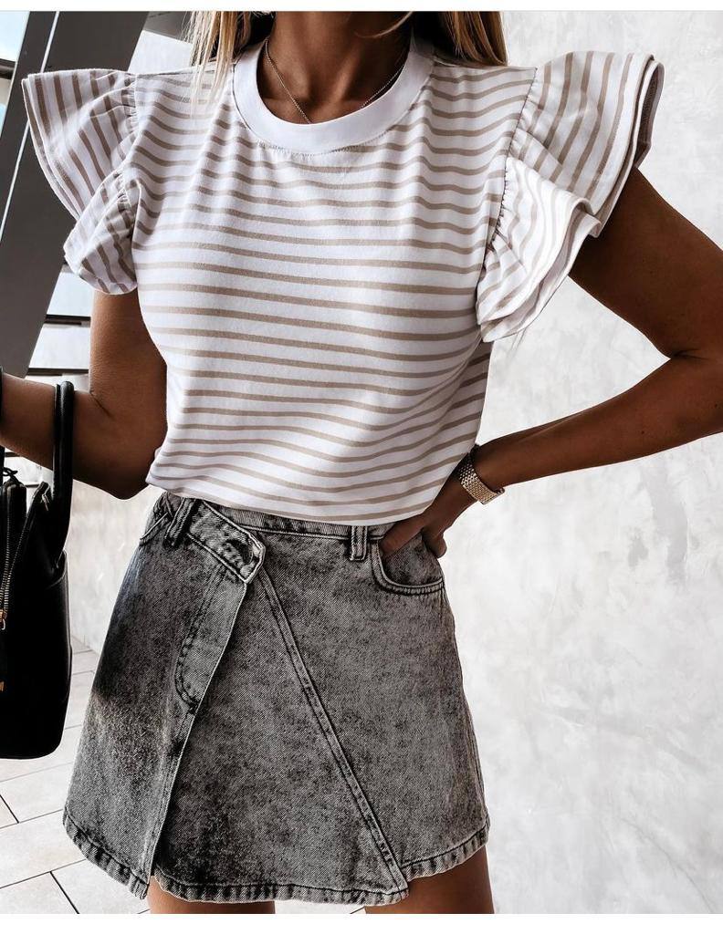 Ruffle Short Sleeve Stripe Shirts Blouse