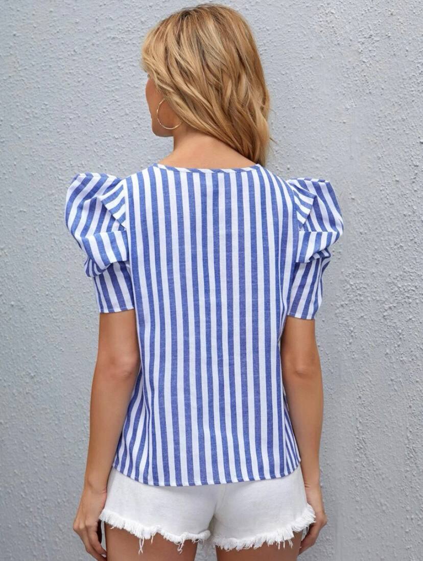 Blue Striped V Neck Short Sleeve Ruffle Blouse