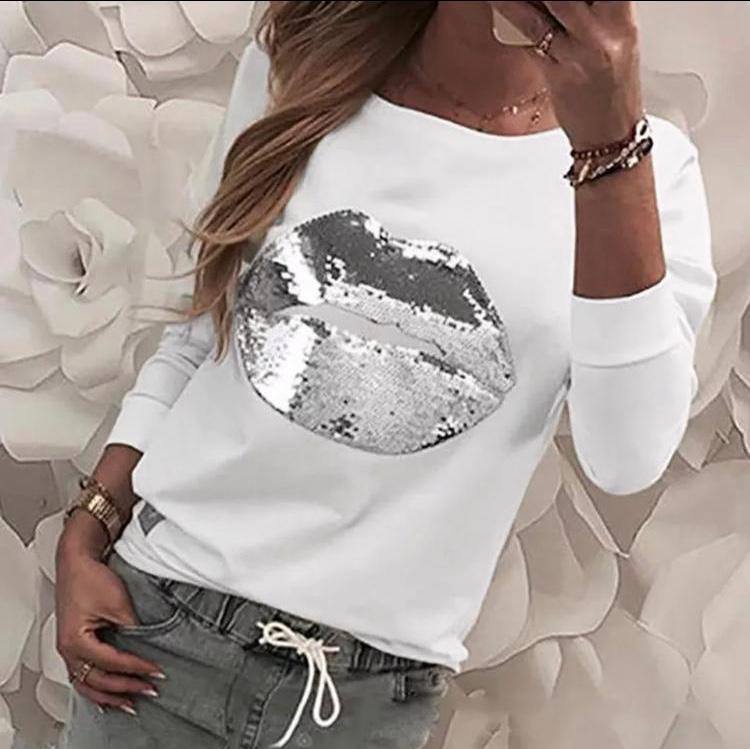 Cotton Blend Long Sleeve Basic Blouse with Lip Sequin