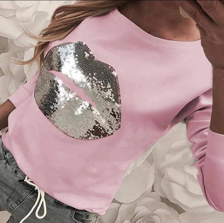 Cotton Blend Long Sleeve Basic Blouse with Lip Sequin