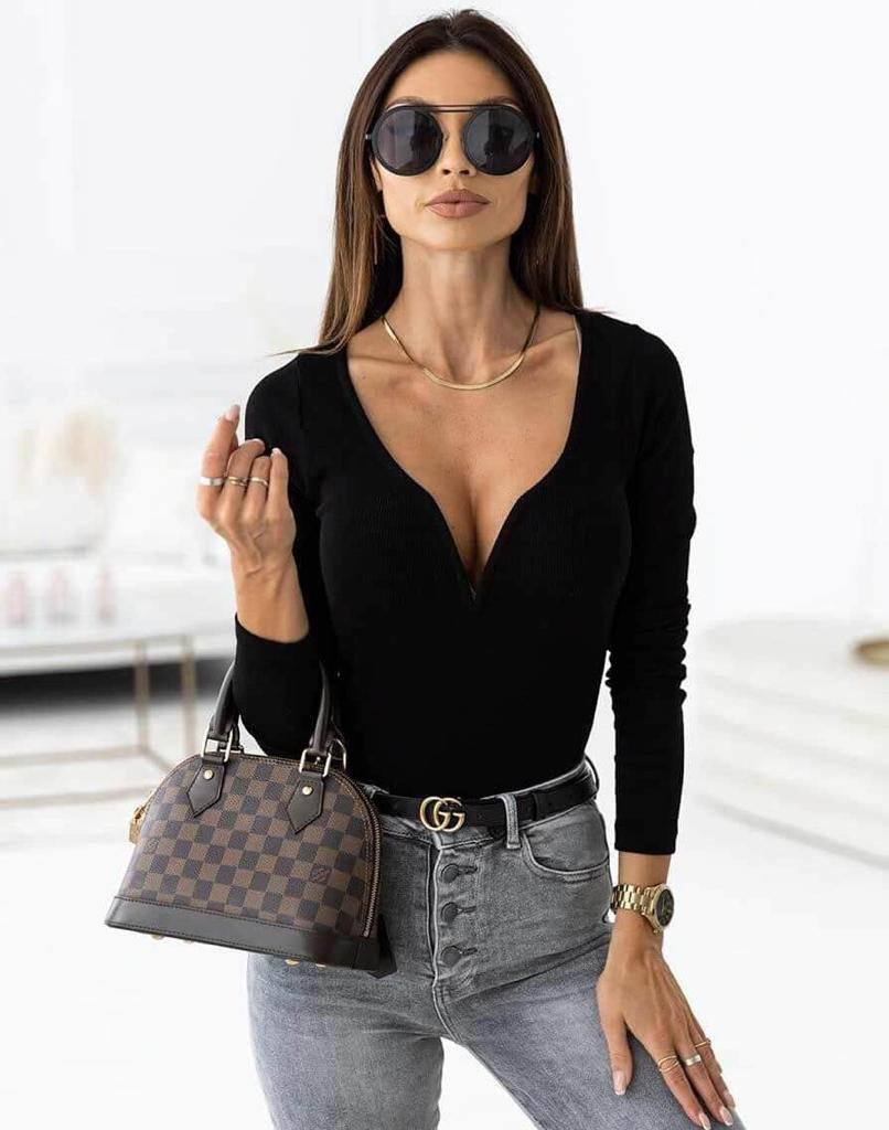 Cotton Blend Deep V Neck Blouse