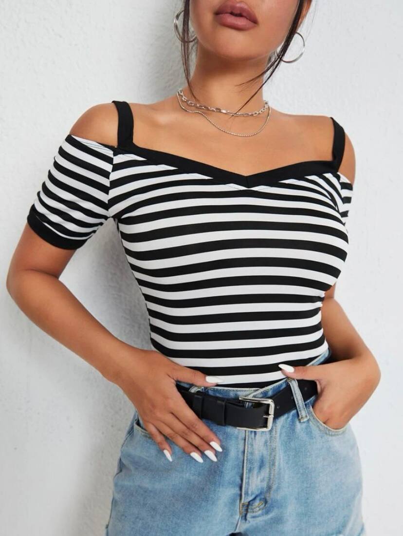 Cold Shoulder Striped Tee Top Short Sleeve Shirt Embellished Off Shoulder Blouse