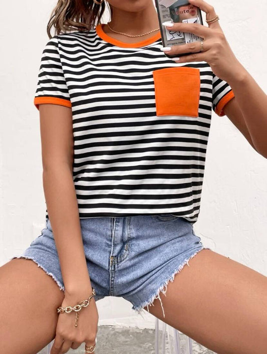 Women Striped T-Shirt with Velvet Pocket