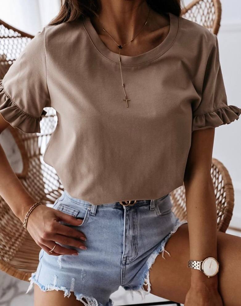 Solid Ruffle Sleeve Shirts Top