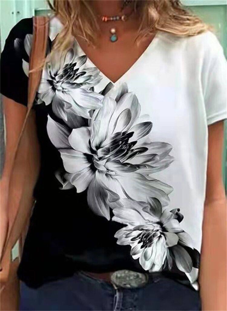 Black White Floral V-Neck Blouse Top