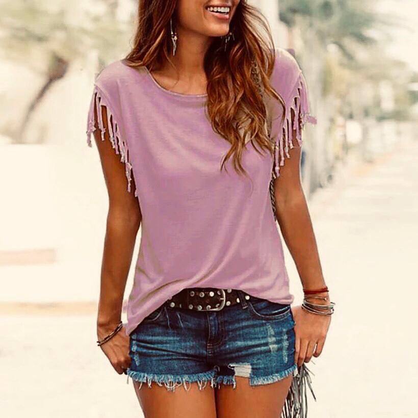 Solid Tassel Sleeve T-Shirts