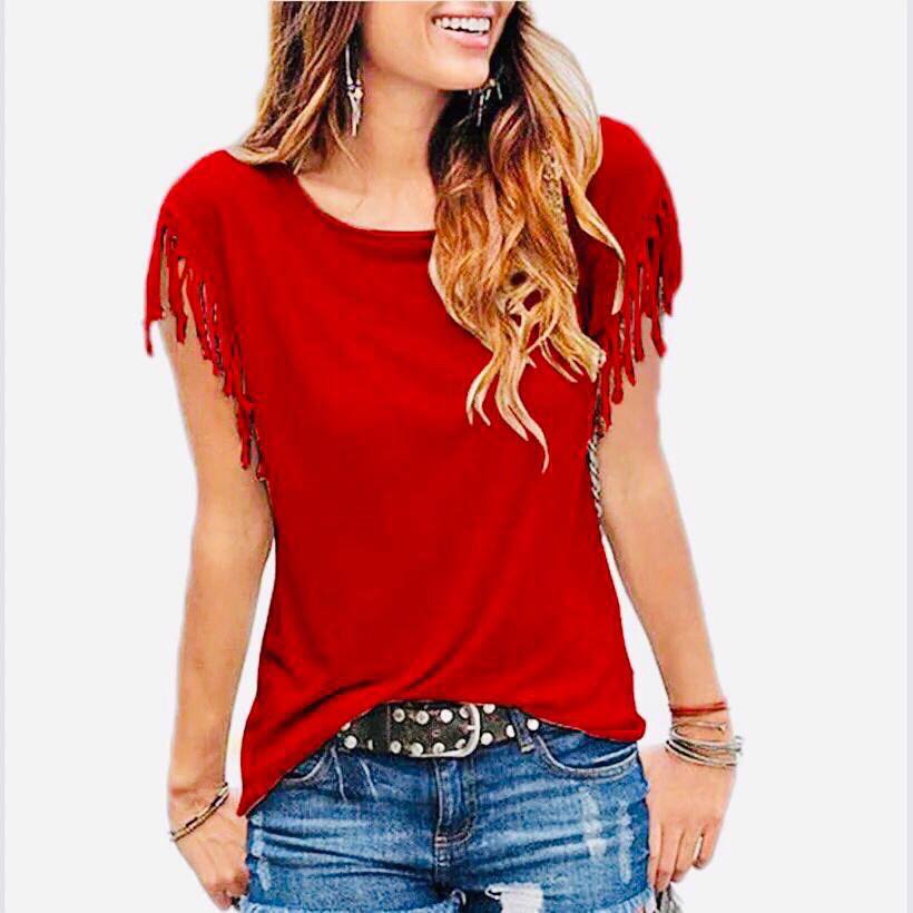 Solid Tassel Sleeve T-Shirts