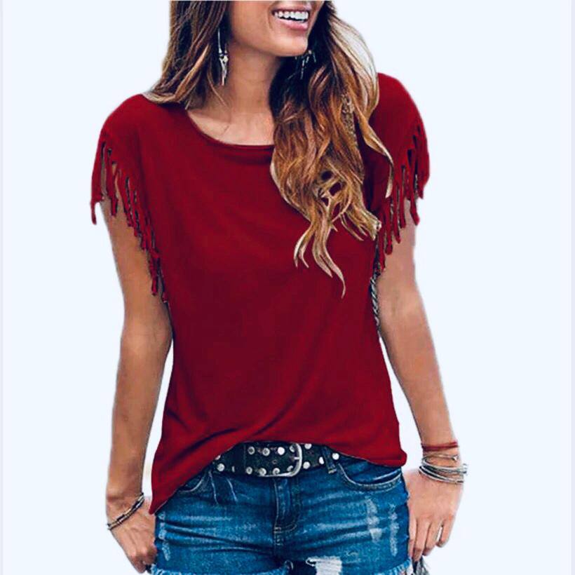 Solid Tassel Sleeve T-Shirts