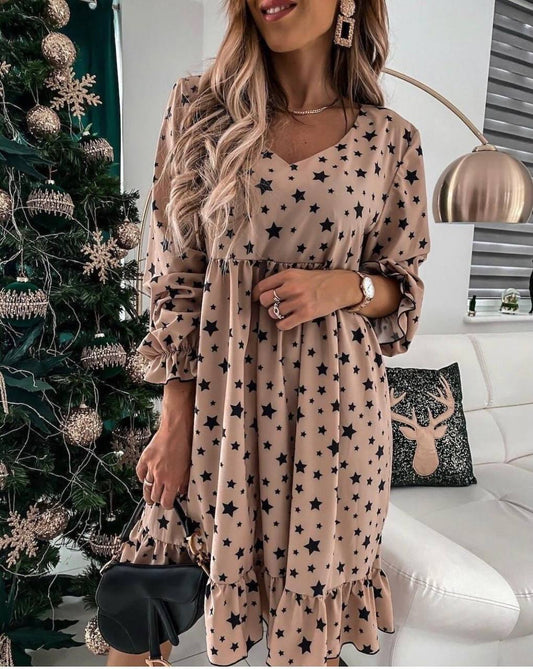 Cotton Blend Printed V Neck Dress