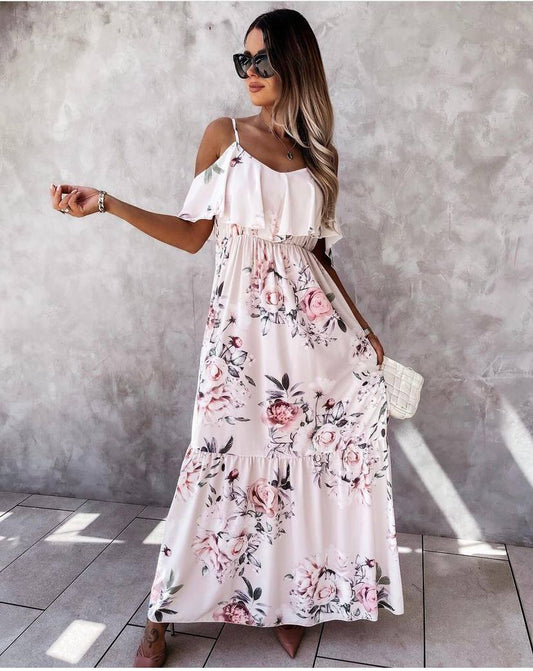 HALTER NECK FLORAL RUFFLE MAXI DRESS