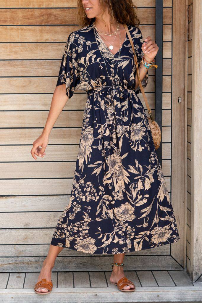 Printed Full Length Belted V Neck Dress