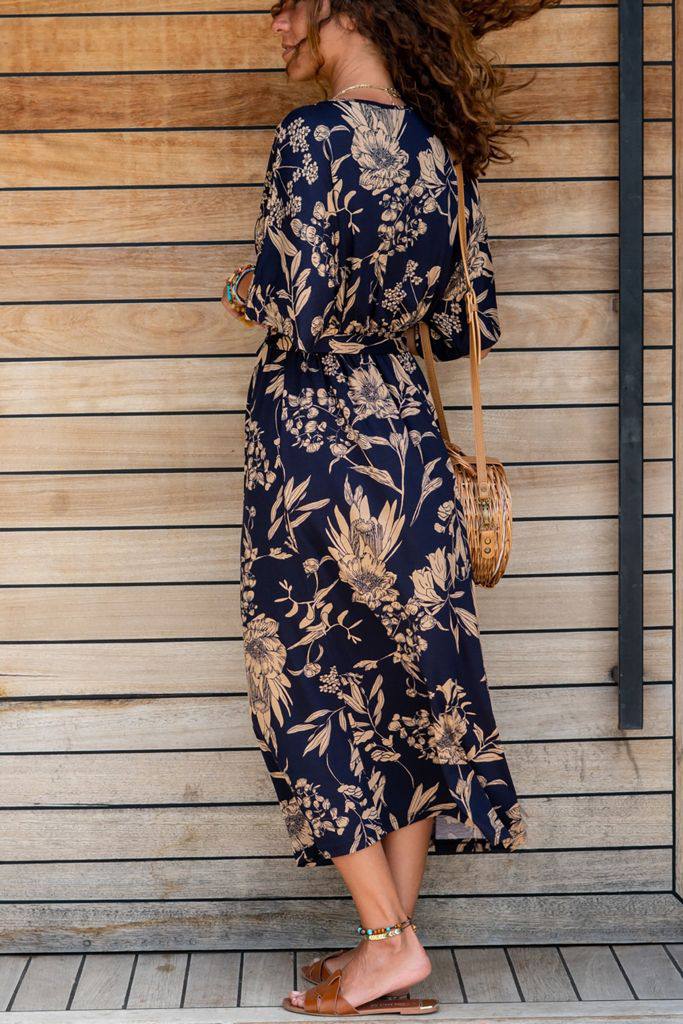 Printed Full Length Belted V Neck Dress