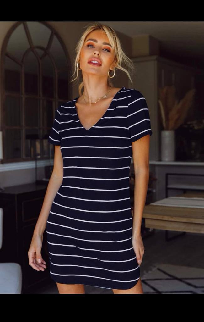 Stripe V-Back Mini Blouse Dress