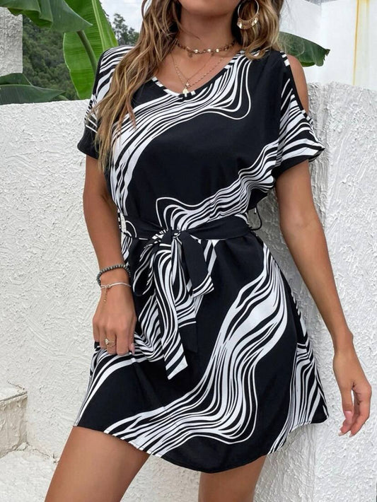 Printed Belted Halter Neck Mini Dress