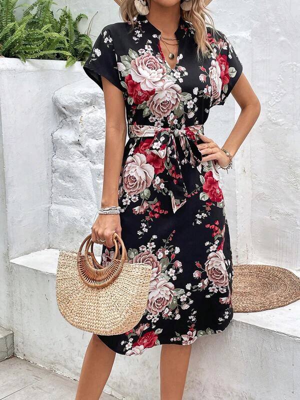 Printed Belted V Neck Midi Dress