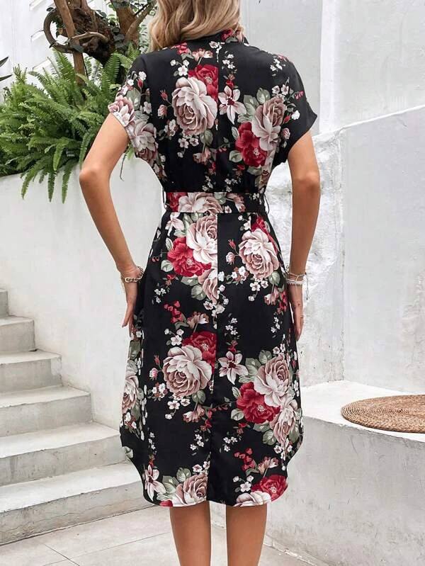 Printed Belted V Neck Midi Dress