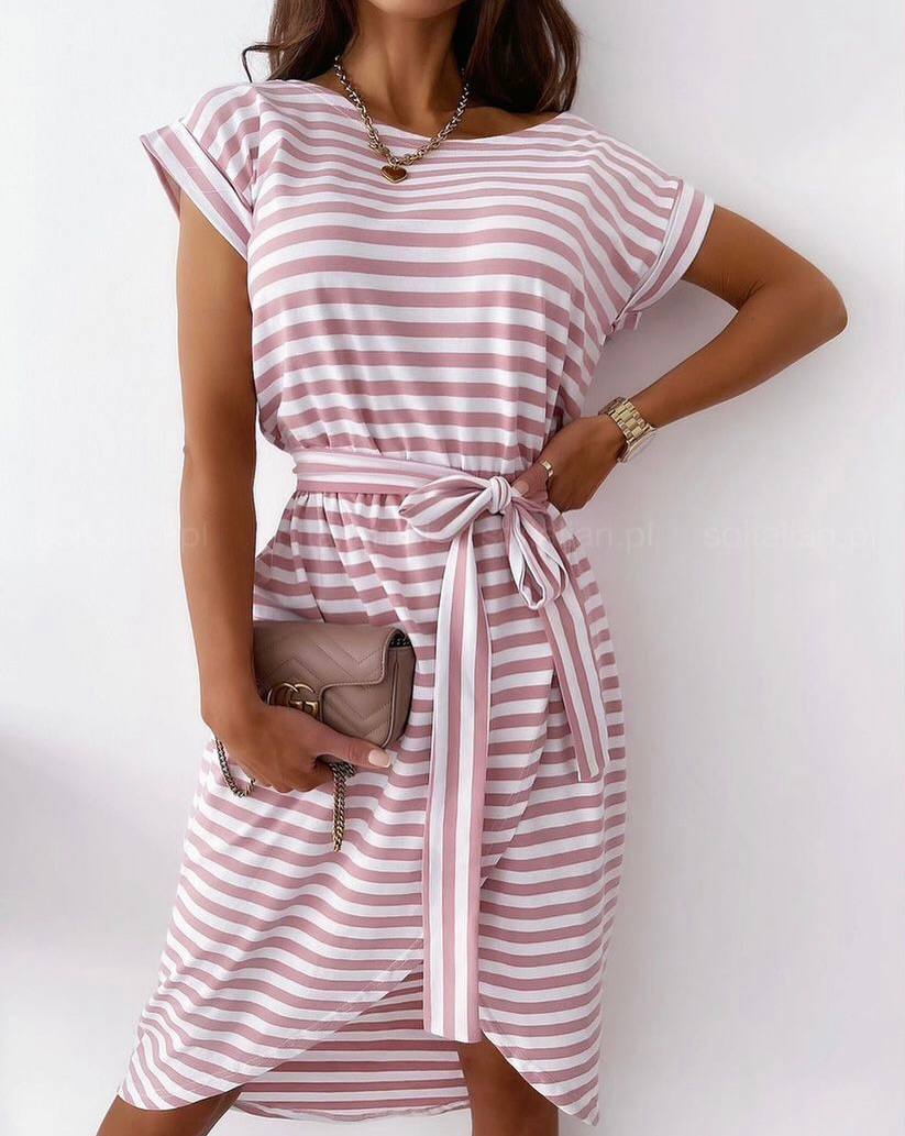 Cotton Blend Striped Dress with Belt