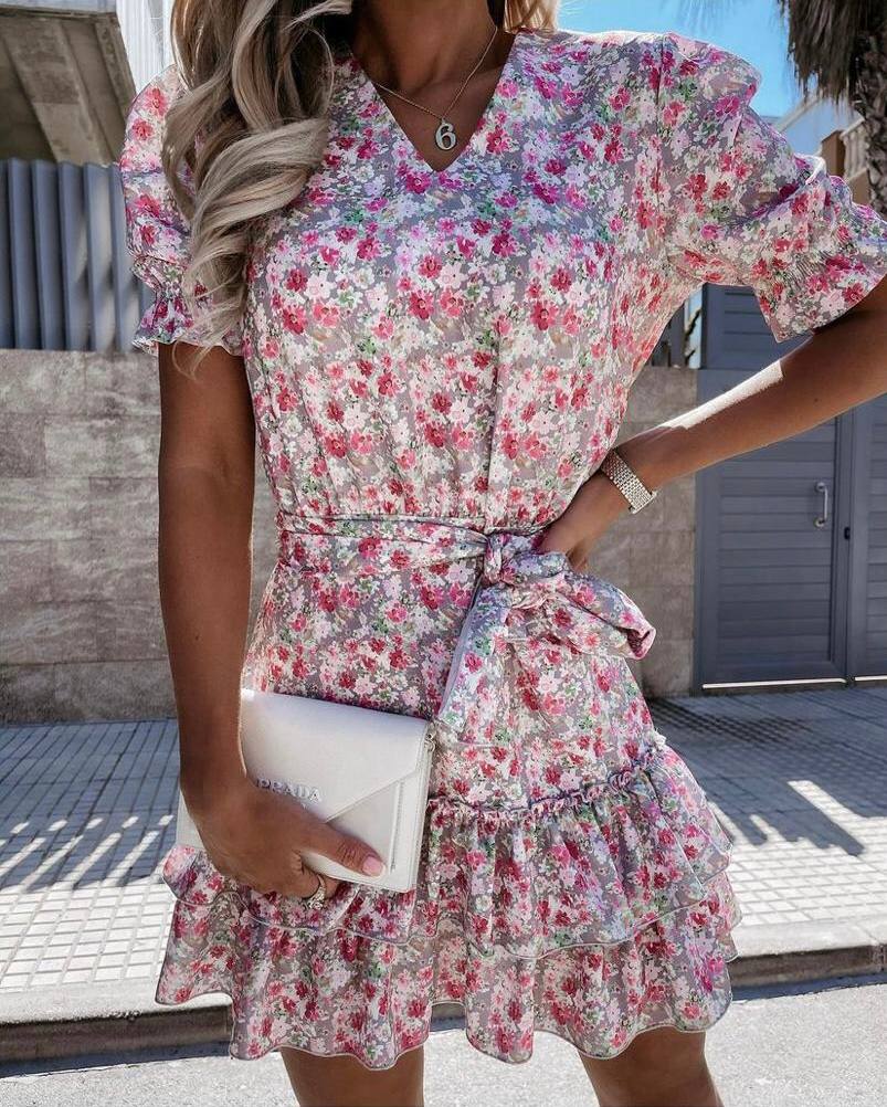 Short Sleeve Floral Ruffle Mini Dress with Belt