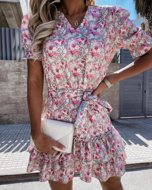 Short Sleeve Floral Ruffle Mini Dress with Belt