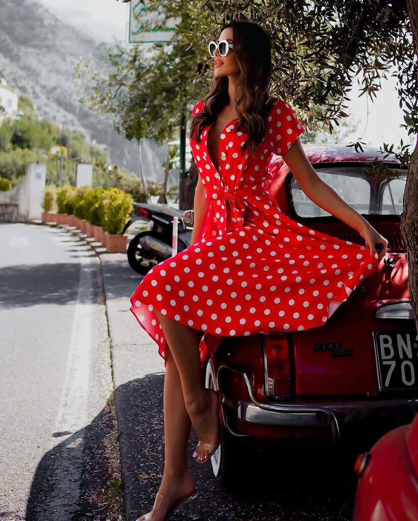 Cotton Blend Printed Polka Dot Midi Dress