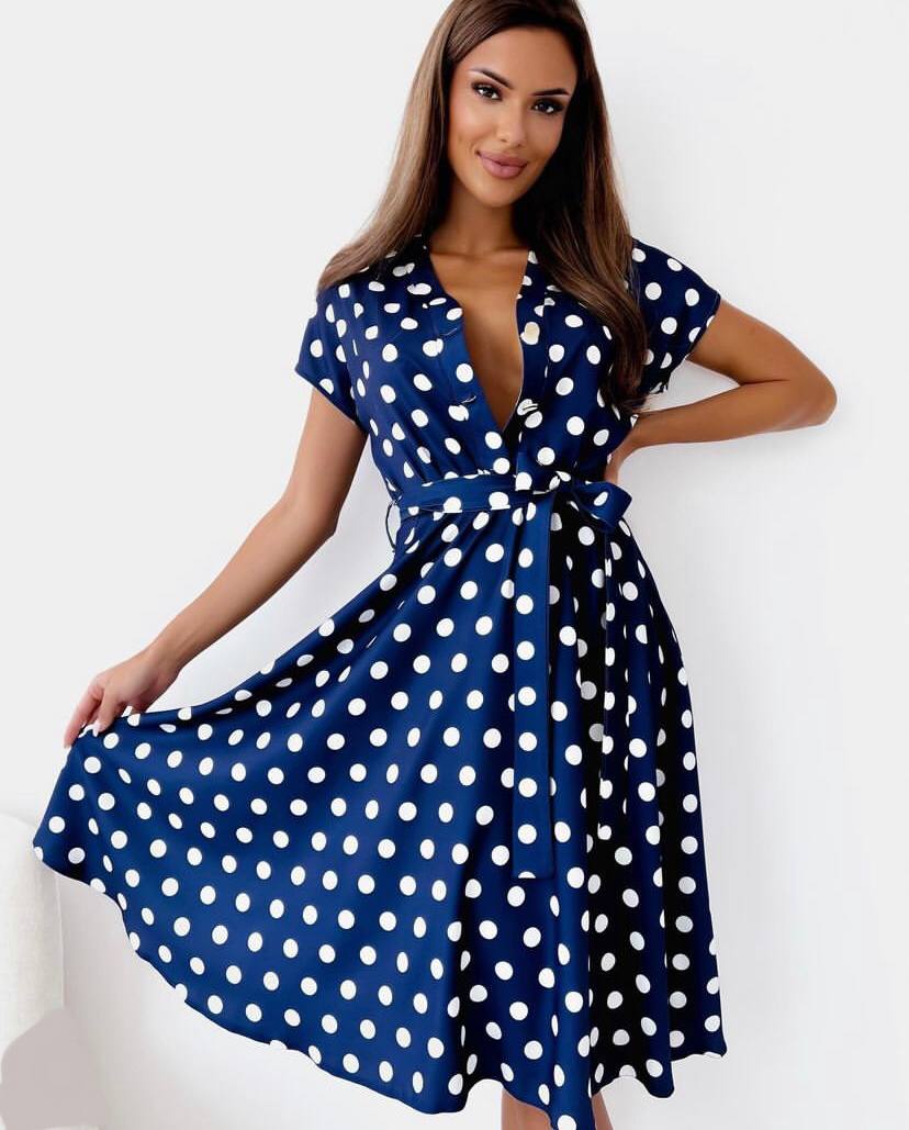 Cotton Blend Printed Polka Dot Midi Dress