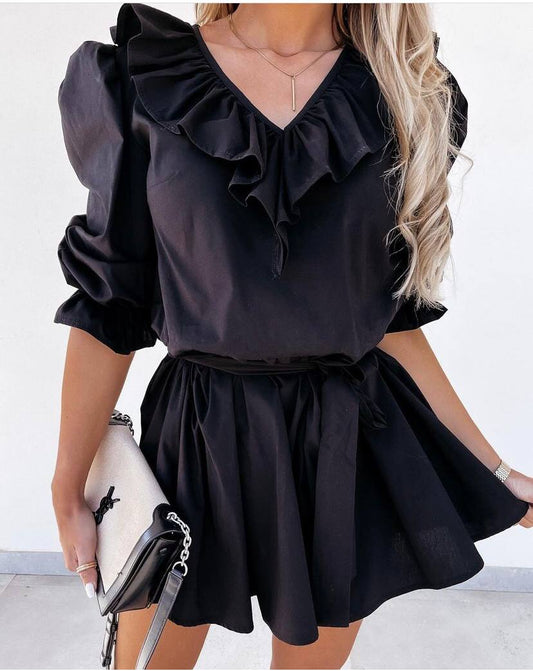 Cotton Blend Ruffle Mini Dress