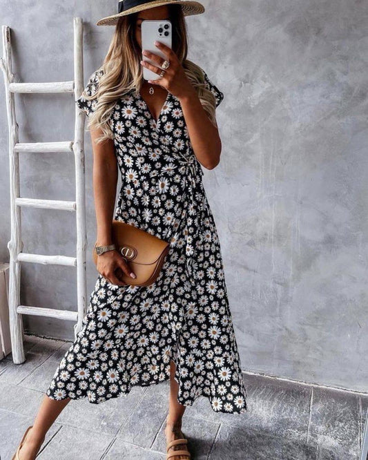 Printed Designer V-Neck Belted Midi Dress